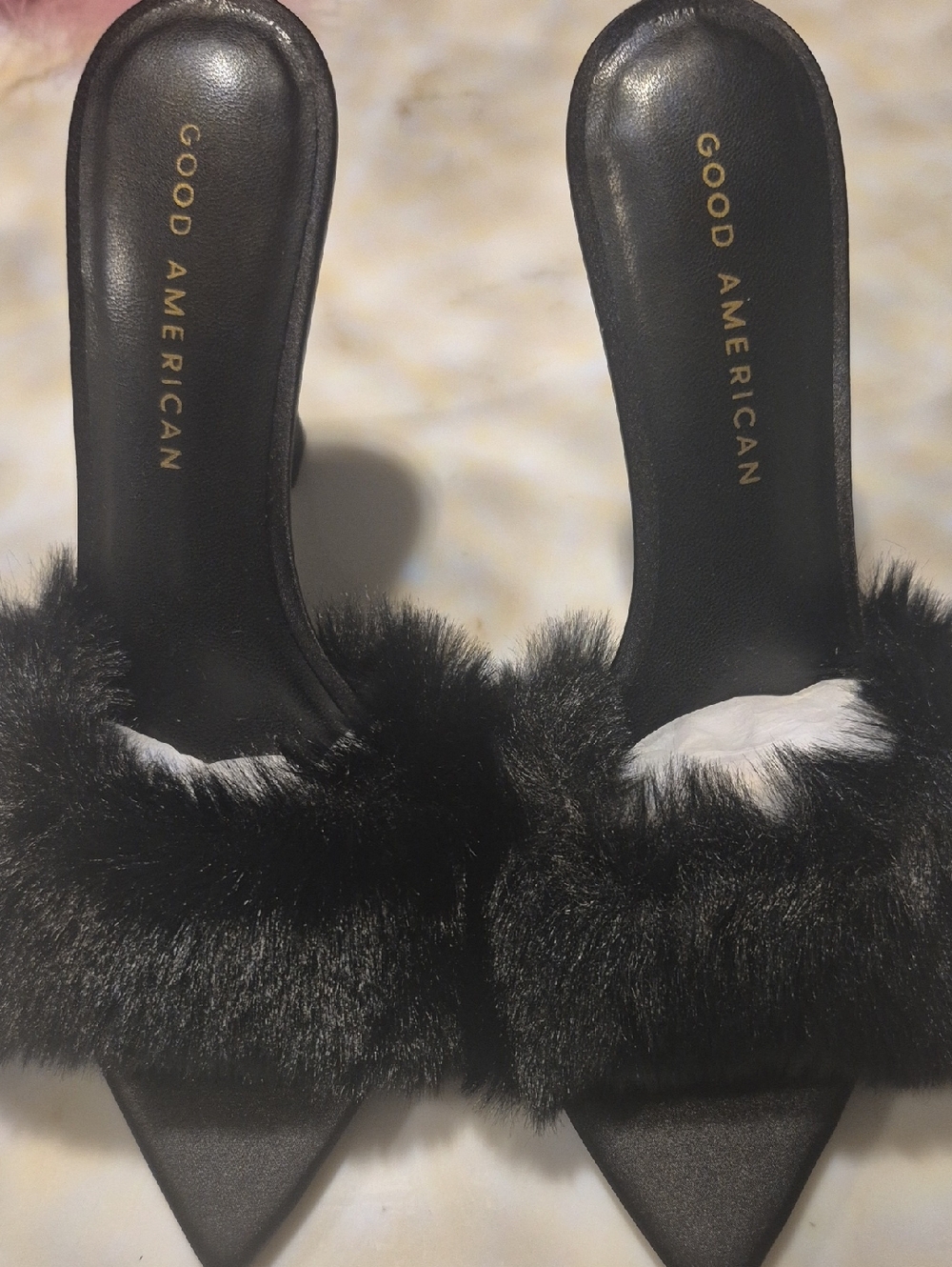 Good American Black Faux Fur Pom Slide Mules Wedge Sandals 6.5